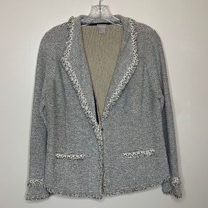 CHICO’S Blazer Black & Cream BOHO Single Breasted Fringe Trim Unstructured 8